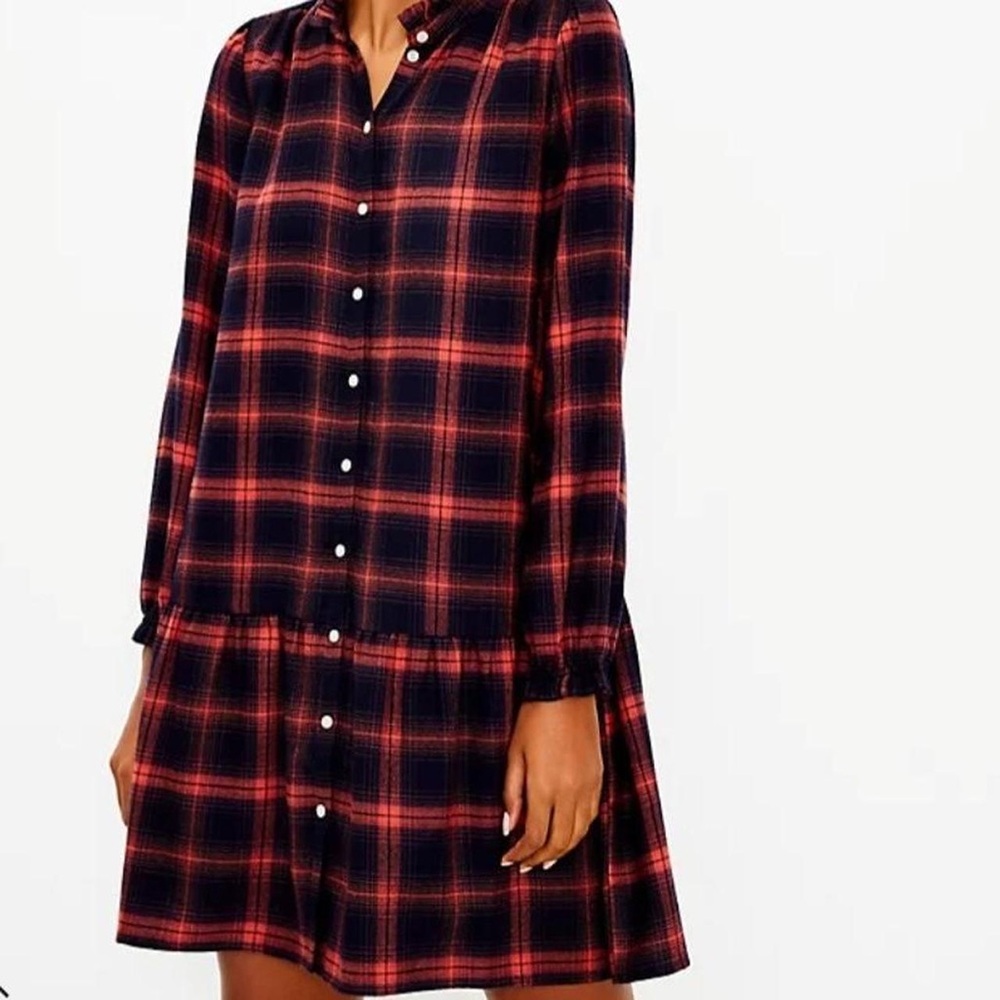 LOFT Red Navy Plaid Drop Waist Dress